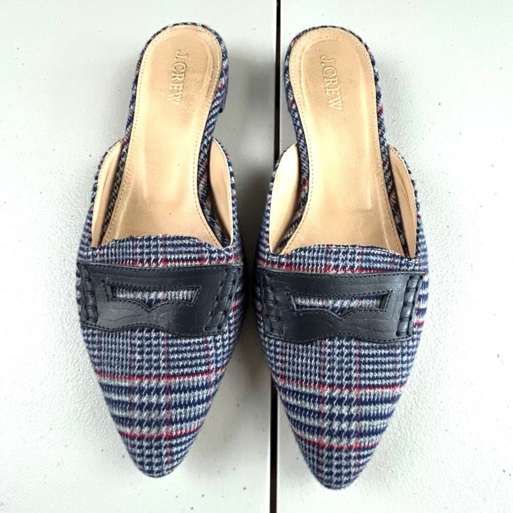 J. Crew Plaid Tweed Slip On Pointed Toe Cloth and Leather Flats Sz 6.5 MSRP $198